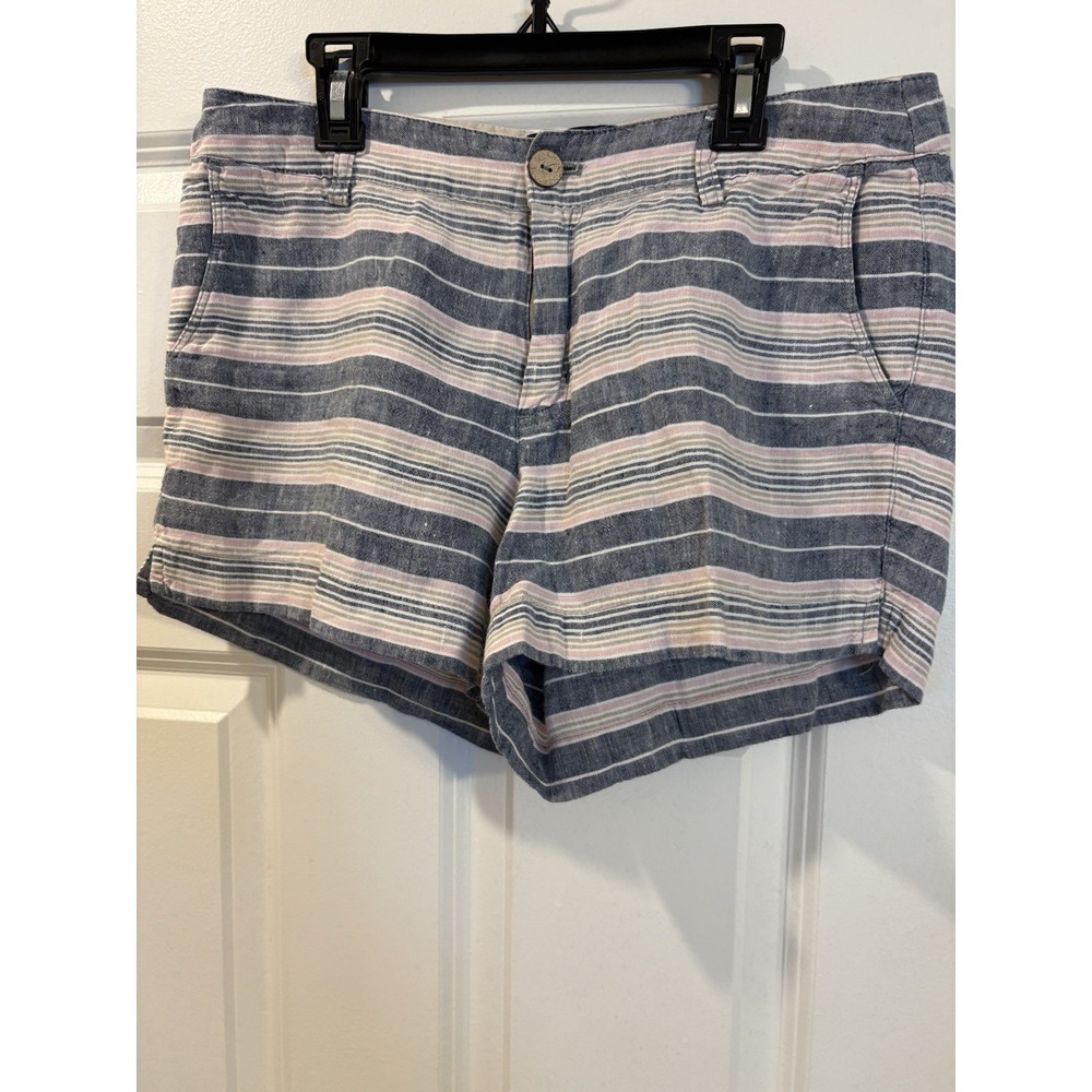 British Khaki 100% Linen Striped Shorts, Size 6